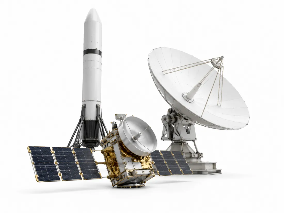 A launch vehicle and communications satellite beside a ground station dish