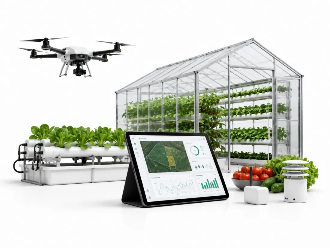 A greenhouse and hydroponic troughs beside a survey drone and a tablet showing field analytics