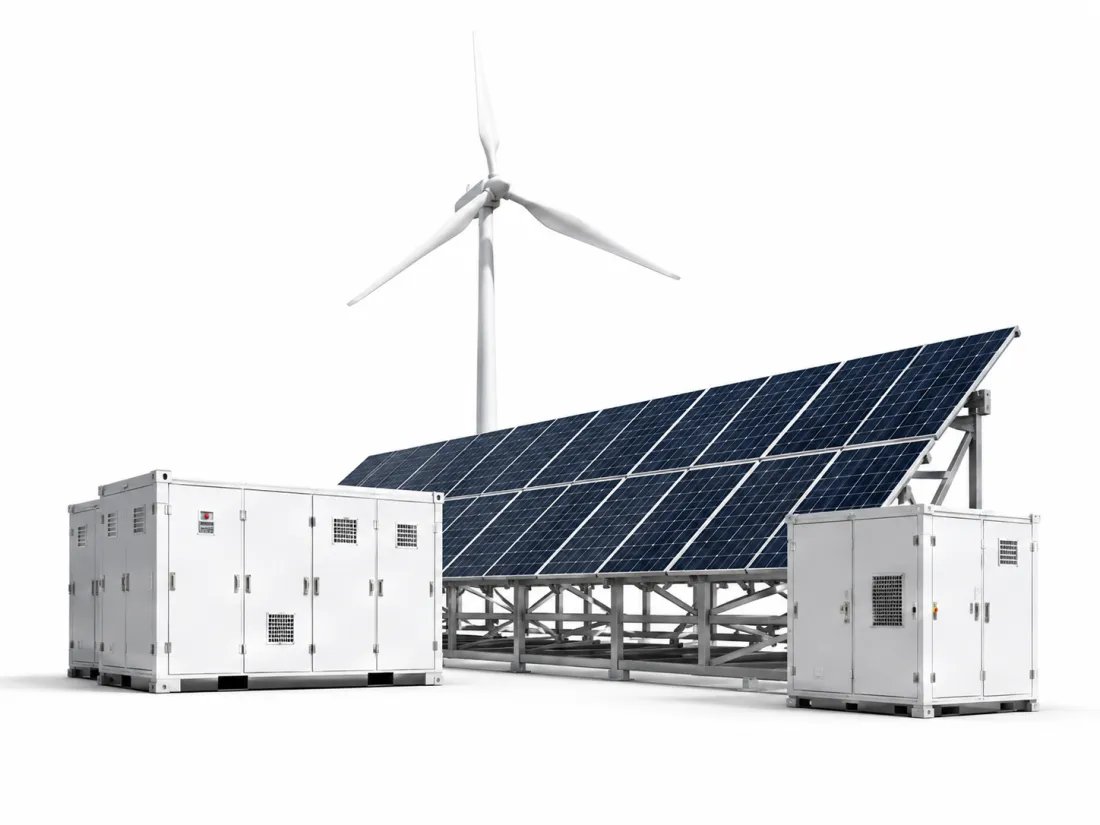 A solar array and wind turbine beside containerised battery storage units