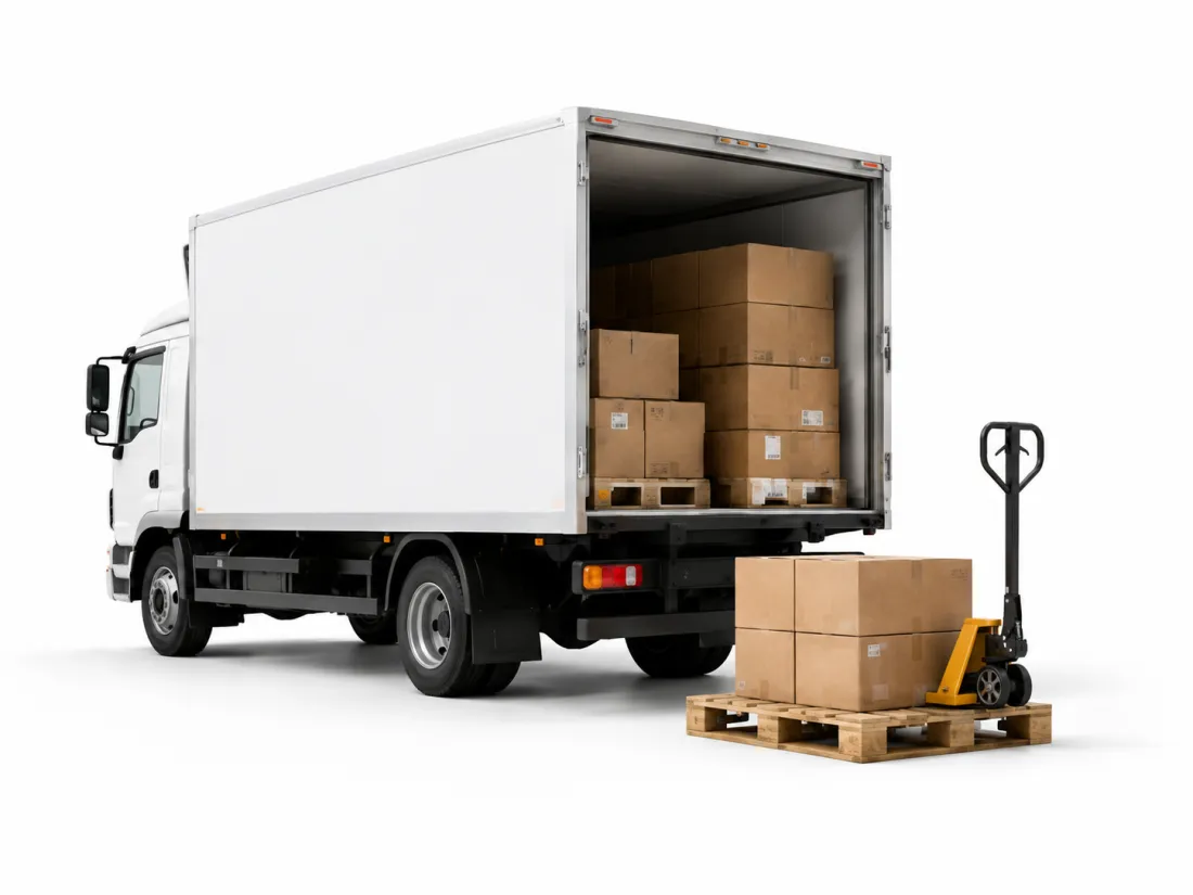 A box truck loaded with palletised cartons beside a pallet jack