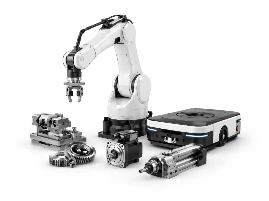A six-axis robot arm beside an autonomous mobile robot, servo motors, and machined gears