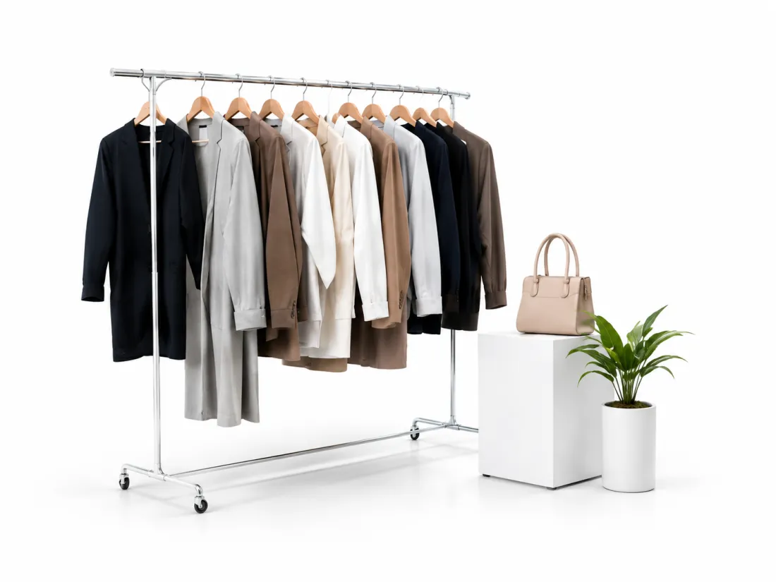 A garment rail of neutral apparel beside a handbag on a display plinth